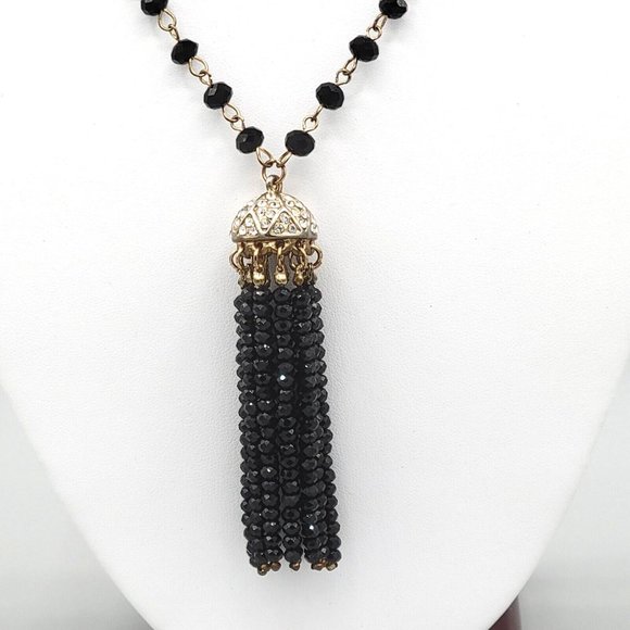 Womens Gold Tone Metal and Black Beaded Fashion Necklace Tassel Pendant 24 in - Picture 4 of 9